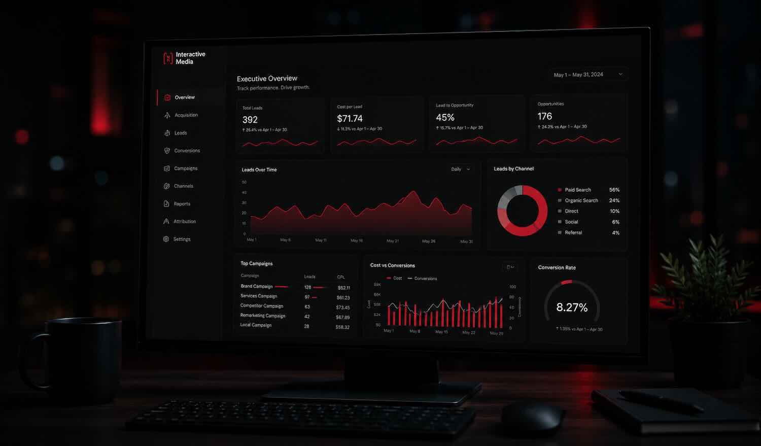 Analytics dashboard showing lead generation and campaign performance metrics